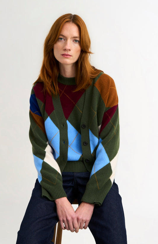 Pringle Women's Supersoft Argyle Cardigan in Olive Green / Multi on model