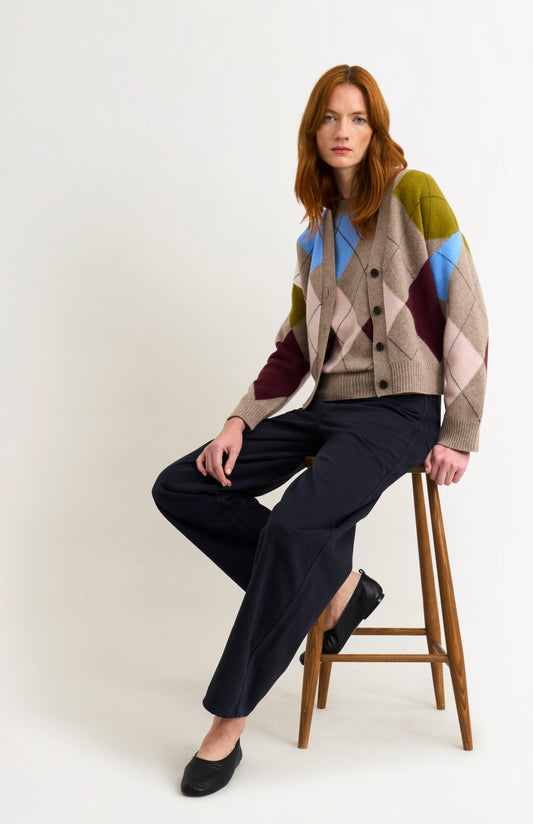 Pringle Women's Lambswool Argyle Cardigan in Mushroom / Multi on sitting model