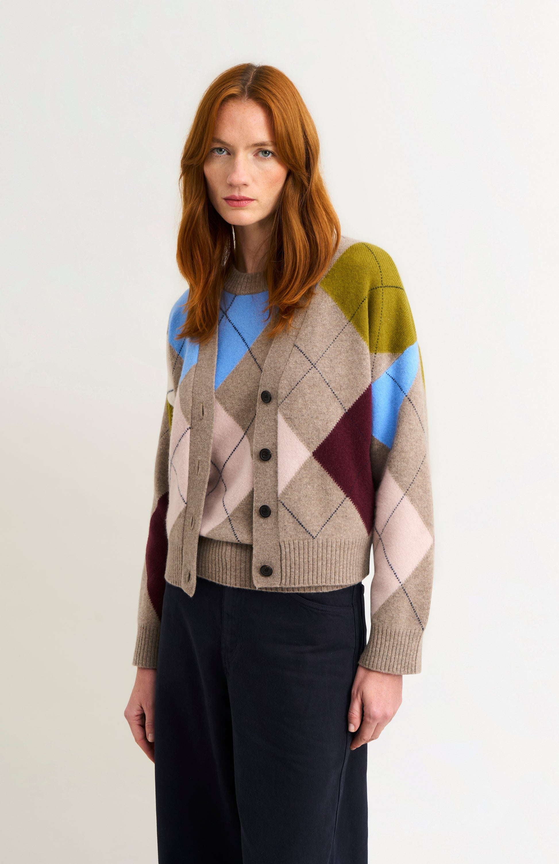 Pringle Women's Lambswool Argyle Cardigan in Mushroom / Multi on model
