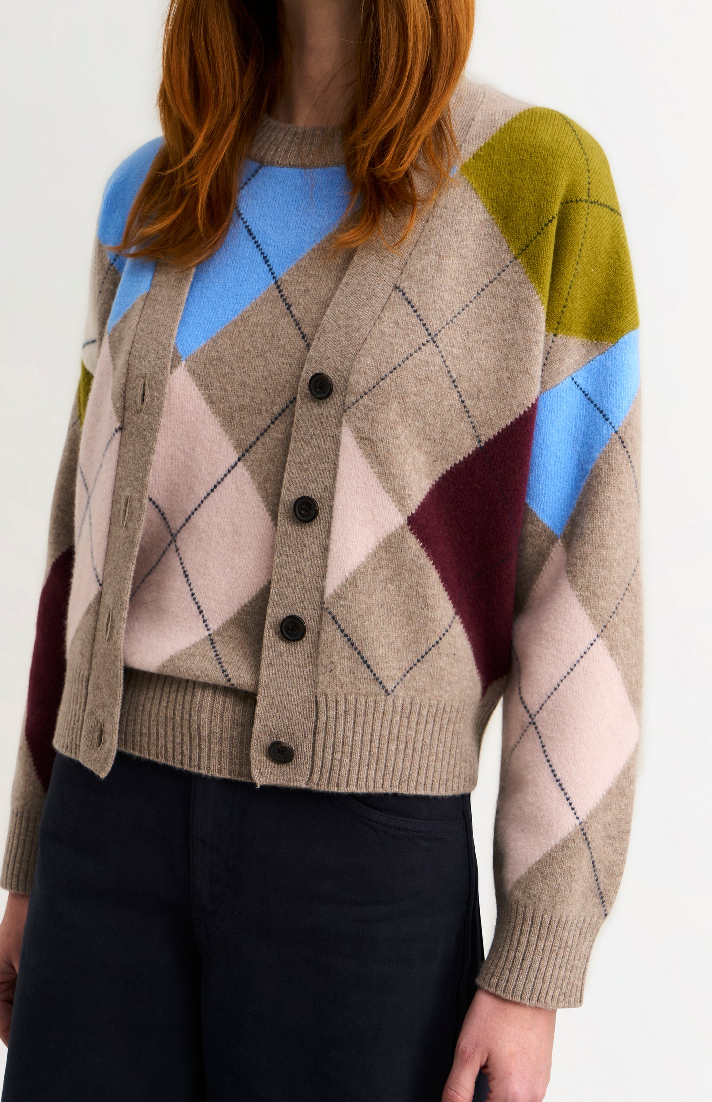 Pringle Women's Lambswool Argyle Cardigan in Mushroom / Multi showing button detail