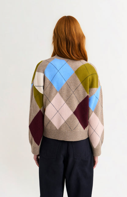 Pringle Women's Lambswool Argyle Cardigan in Mushroom / Multi back view