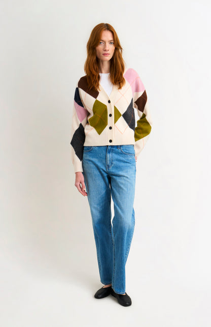 Pringle Women's Supersoft Lambswool Argyle Cardigan in Ecru / Multi on standing model