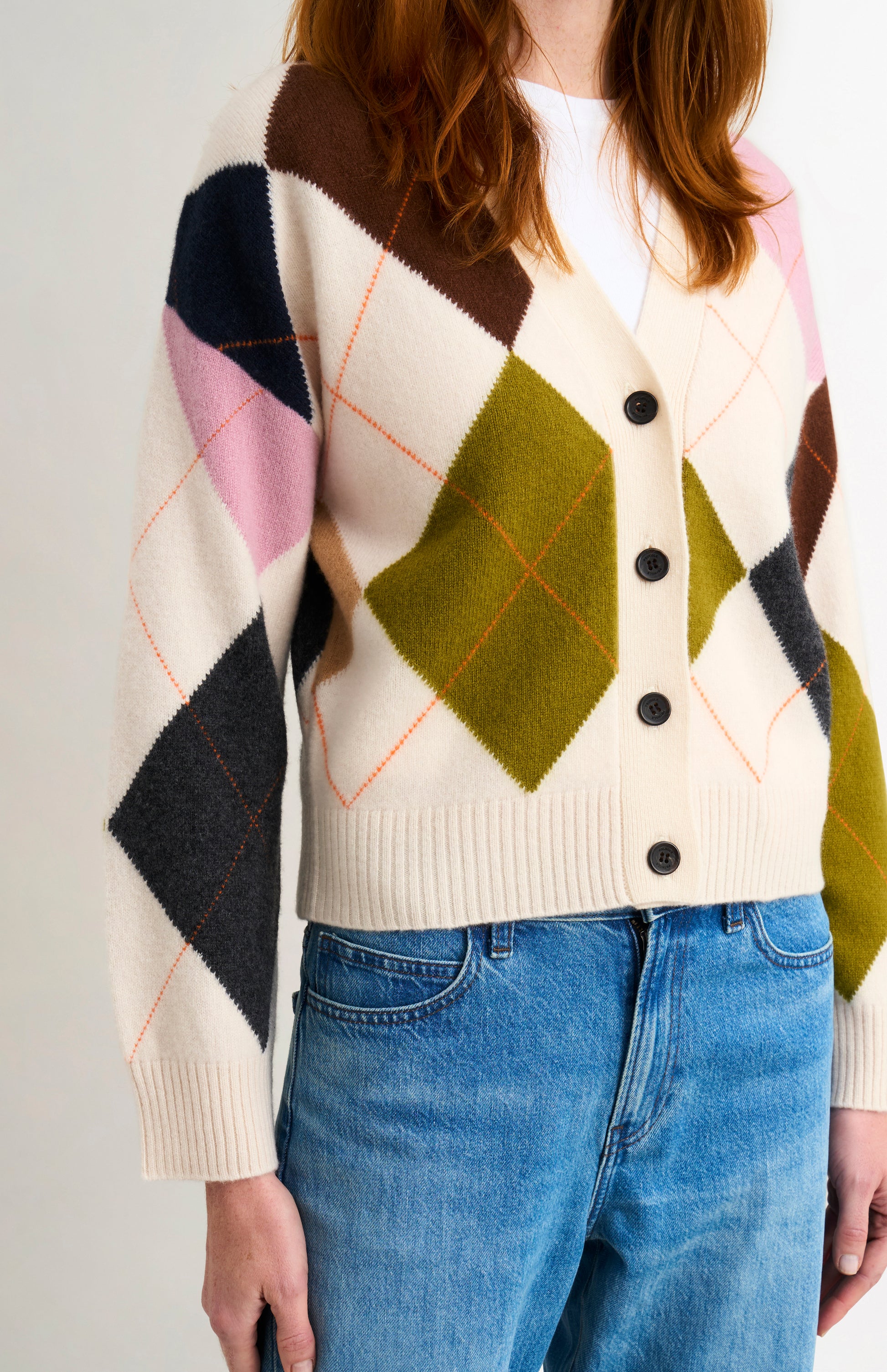 Pringle Women's Supersoft Lambswool Argyle Cardigan in Ecru / Multi showing button detail