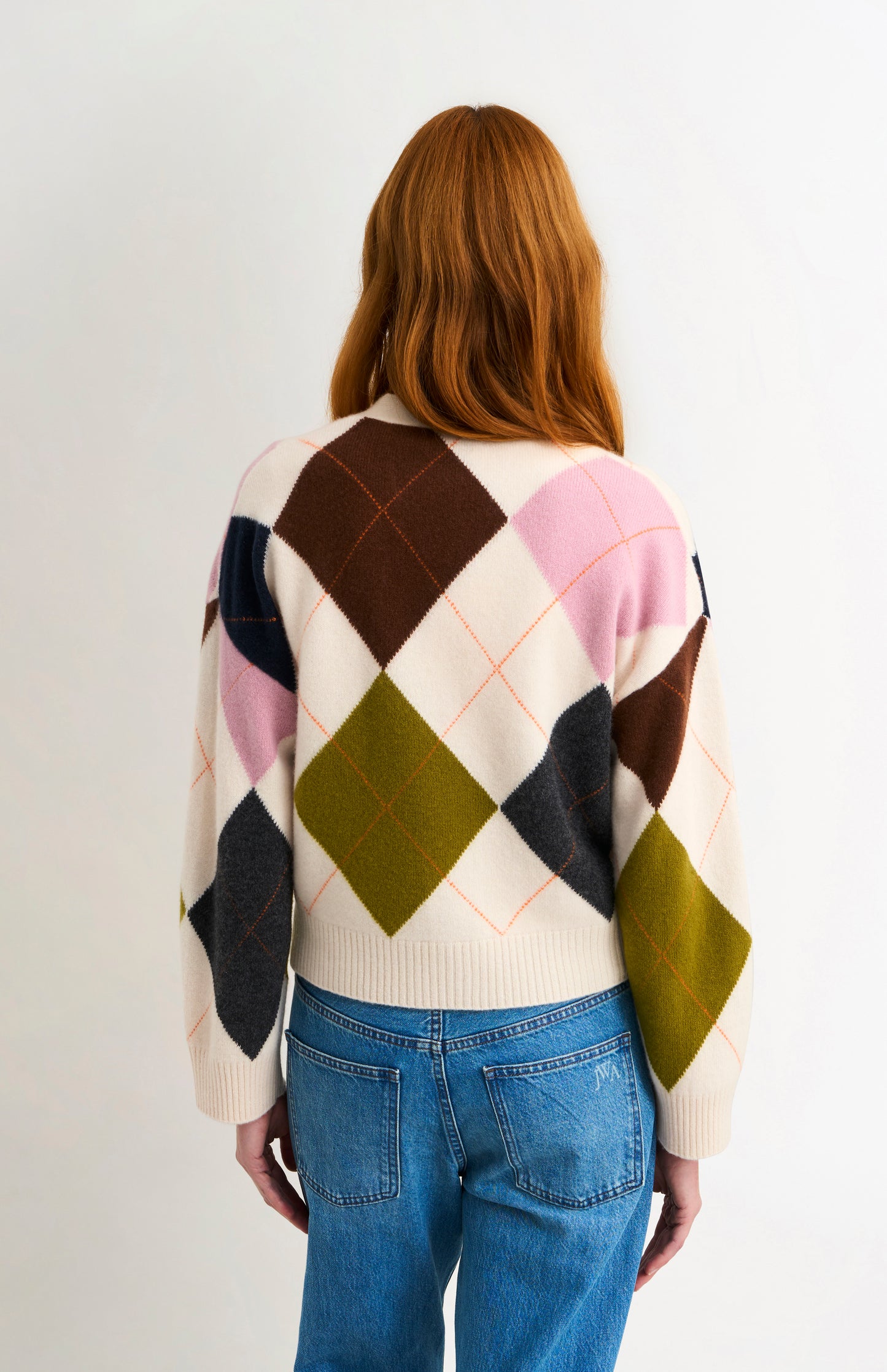 Pringle Women's Supersoft Lambswool Argyle Cardigan in Ecru / Multi rear view