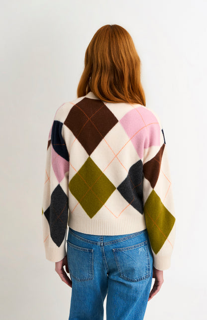Pringle Women's Supersoft Lambswool Argyle Cardigan in Ecru / Multi rear view