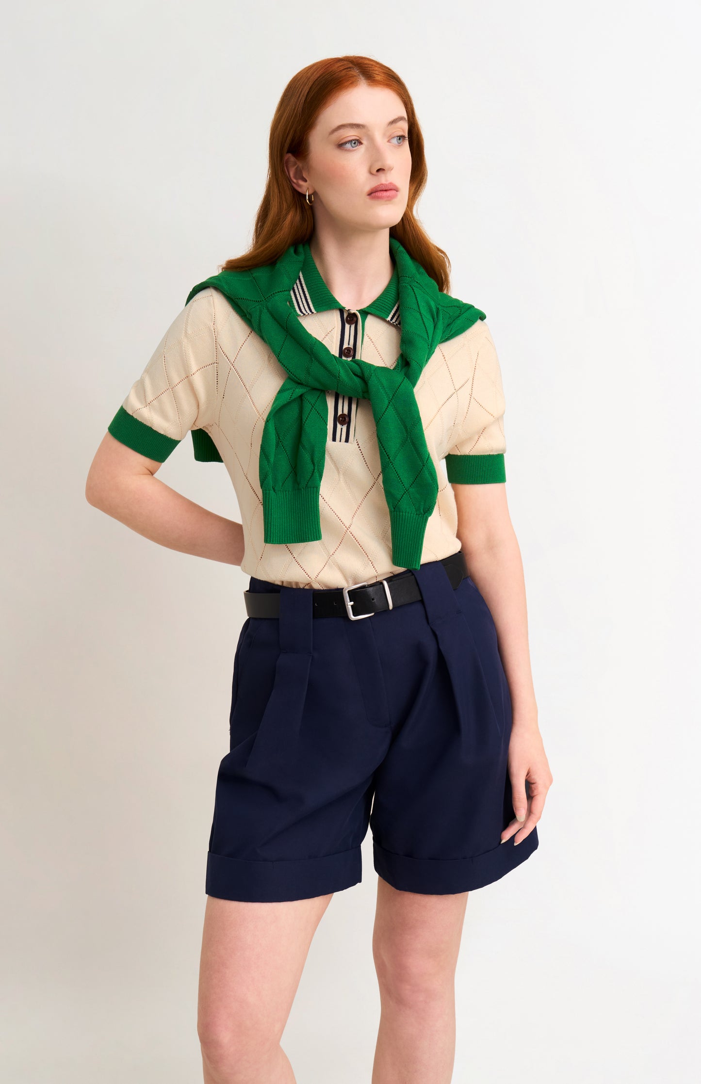 Women's Silk Blend Textured Polo Neck Argyle T-shirt In Ecru
