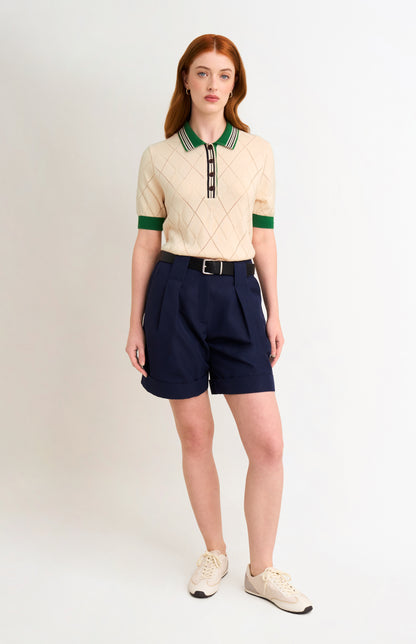 Women's Silk Blend Textured Polo Neck Argyle T-shirt In Ecru