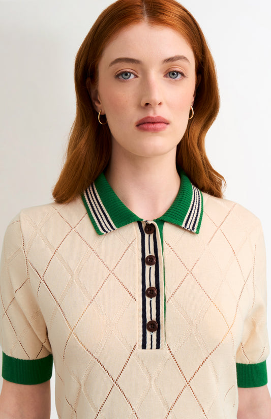 Women's Silk Blend Textured Polo Neck Argyle T-shirt In Ecru