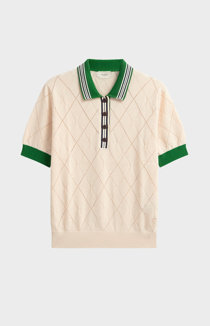 Women's Silk Blend Textured Polo Neck Argyle T-shirt In Ecru