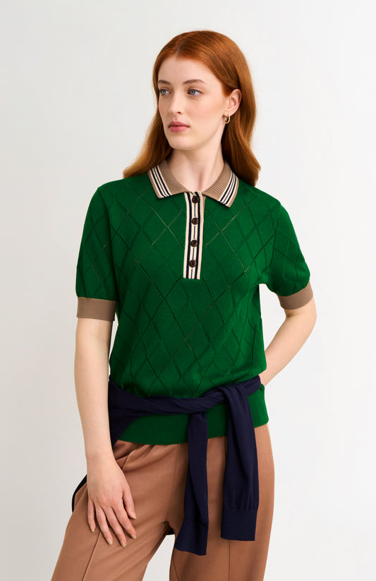 Women's Silk Blend Textured Polo Neck Argyle T-shirt In Green