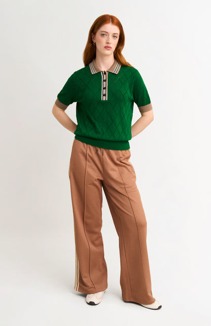 Women's Silk Blend Textured Polo Neck Argyle T-shirt In Green