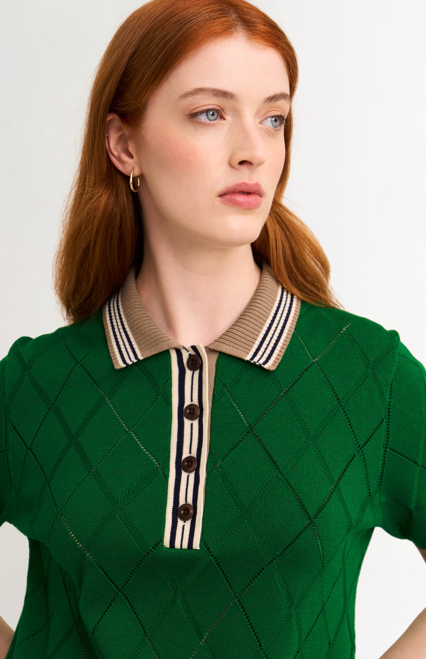 Women's Silk Blend Textured Polo Neck Argyle T-shirt In Green