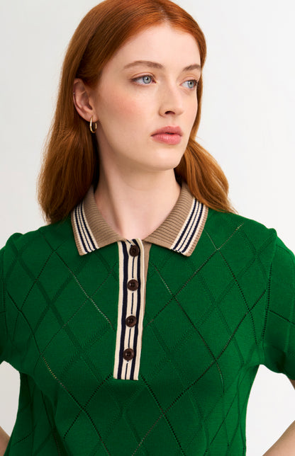 Women's Silk Blend Textured Polo Neck Argyle T-shirt In Green