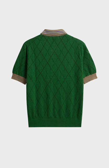 Women's Silk Blend Textured Polo Neck Argyle T-shirt In Green