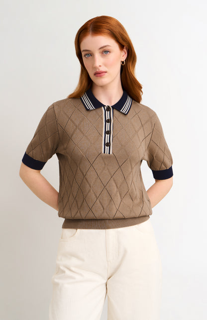 Women's Silk Blend Textured Polo Neck Argyle T-shirt In Mushroom