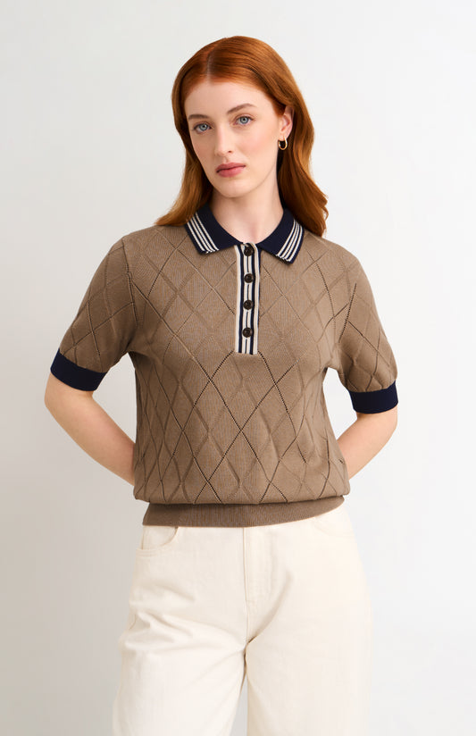 Women's Silk Blend Textured Polo Neck Argyle T-shirt In Mushroom
