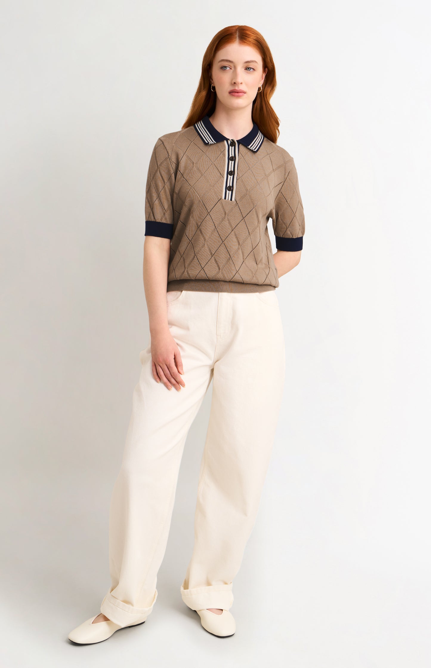 Women's Silk Blend Textured Polo Neck Argyle T-shirt In Mushroom