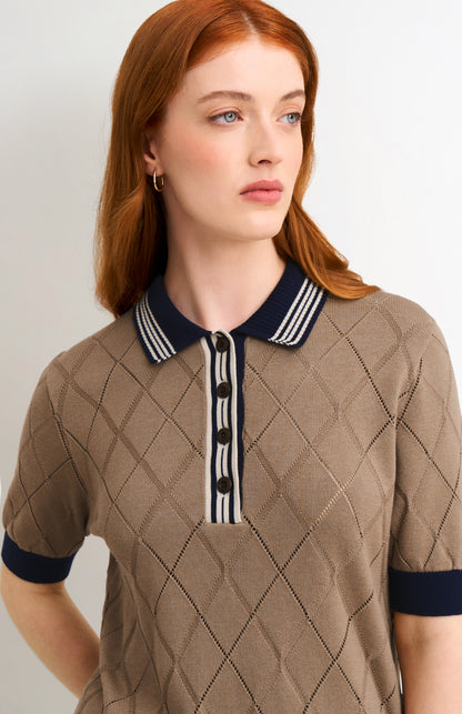 Women's Silk Blend Textured Polo Neck Argyle T-shirt In Mushroom