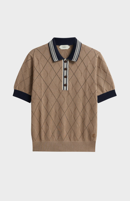 Women's Silk Blend Textured Polo Neck Argyle T-shirt In Mushroom