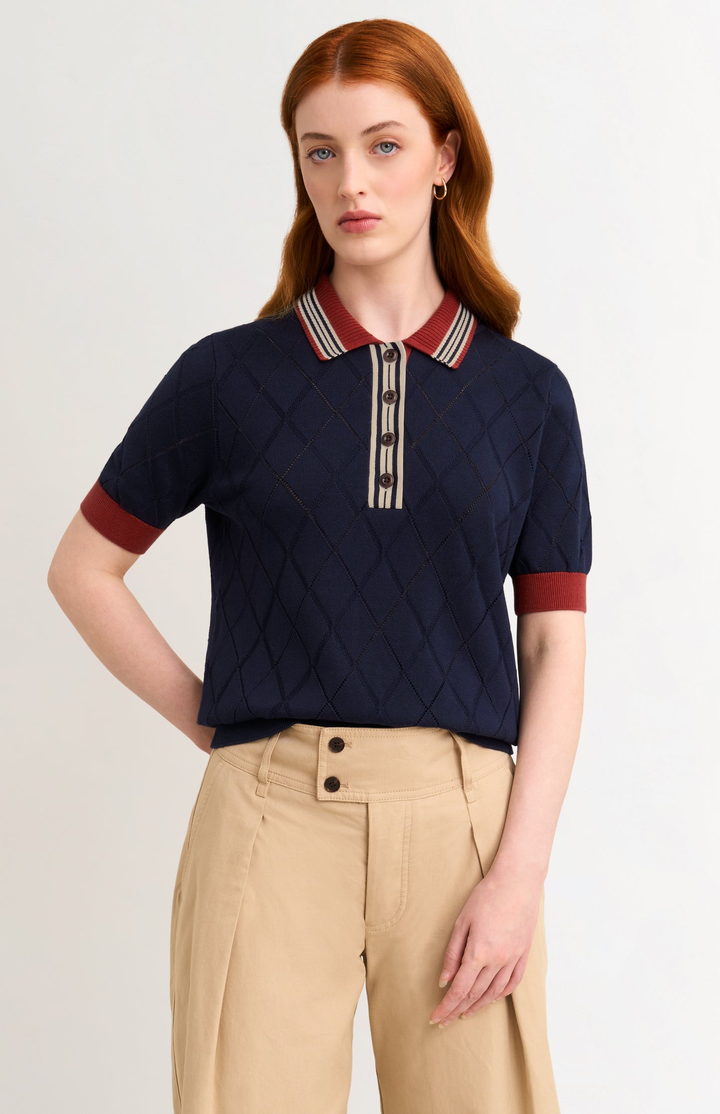 Women's Silk Blend Textured Polo Neck Argyle T-shirt In Navy
