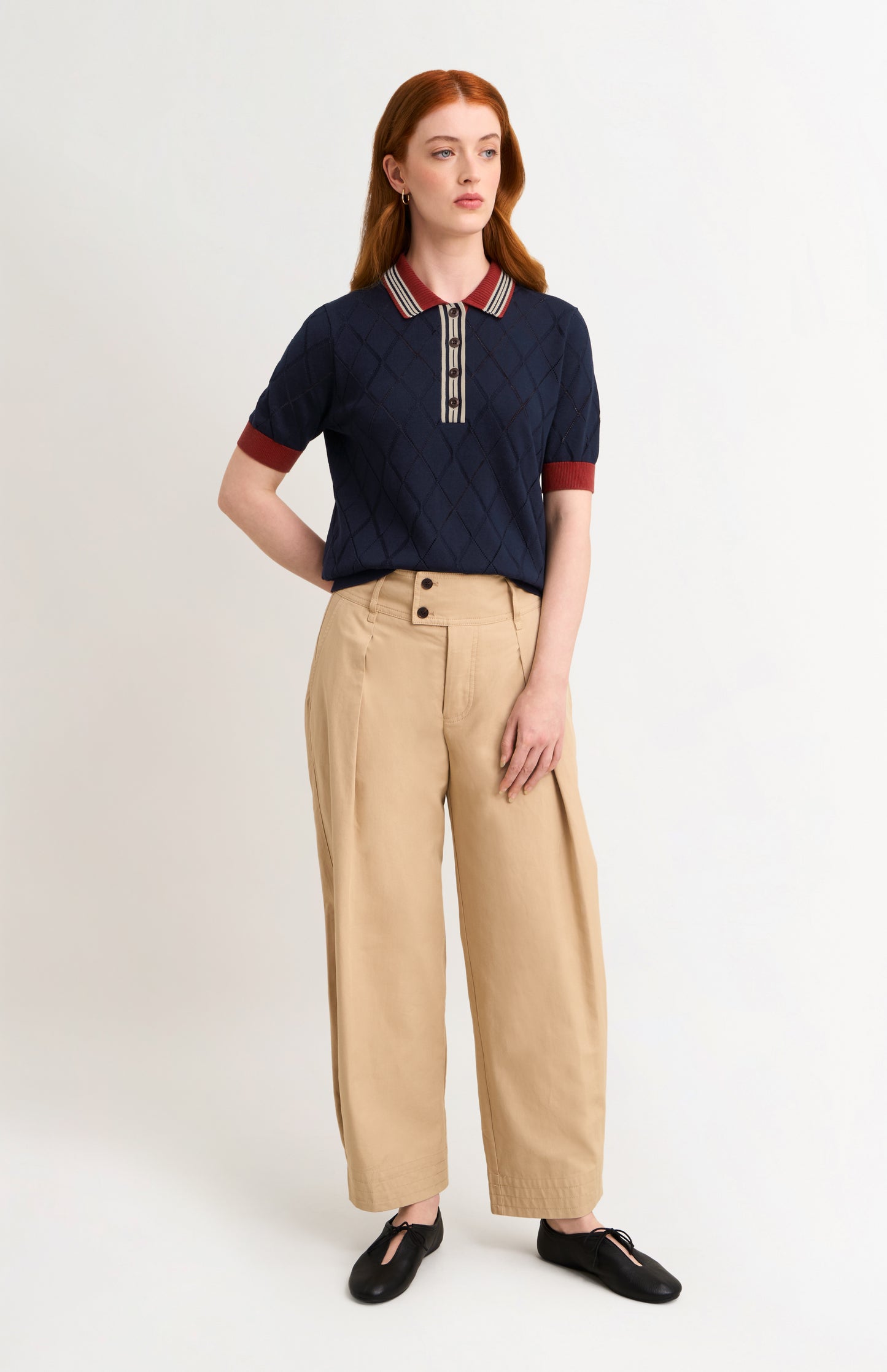 Women's Silk Blend Textured Polo Neck Argyle T-shirt In Navy