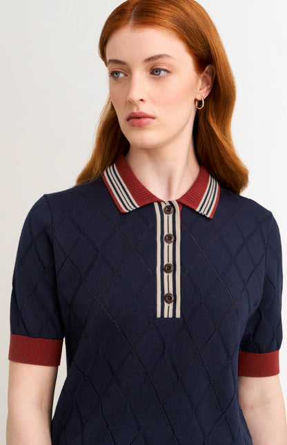 Women's Silk Blend Textured Polo Neck Argyle T-shirt In Navy