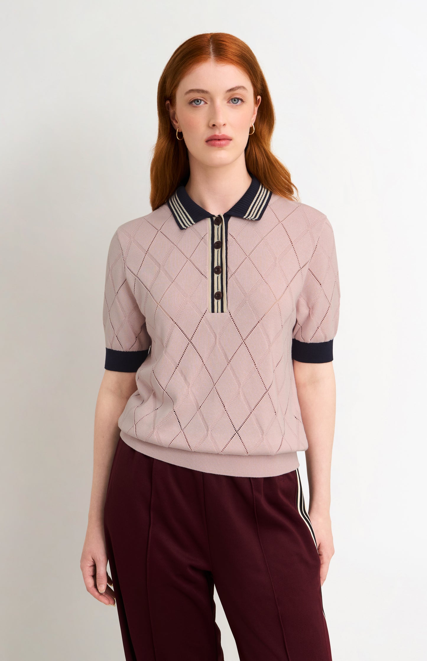 Women's Silk Blend Textured Polo Neck Argyle T-shirt In Light Pink