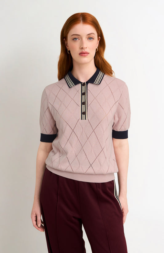 Women's Silk Blend Textured Polo Neck Argyle T-shirt In Light Pink