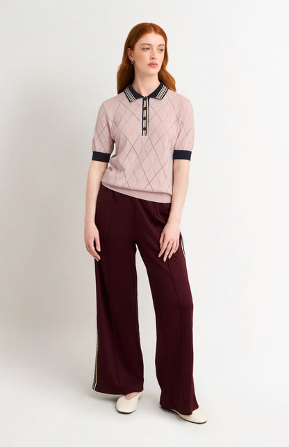 Women's Silk Blend Textured Polo Neck Argyle T-shirt In Light Pink