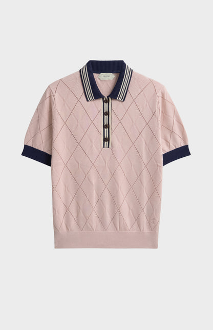 Women's Silk Blend Textured Polo Neck Argyle T-shirt In Light Pink