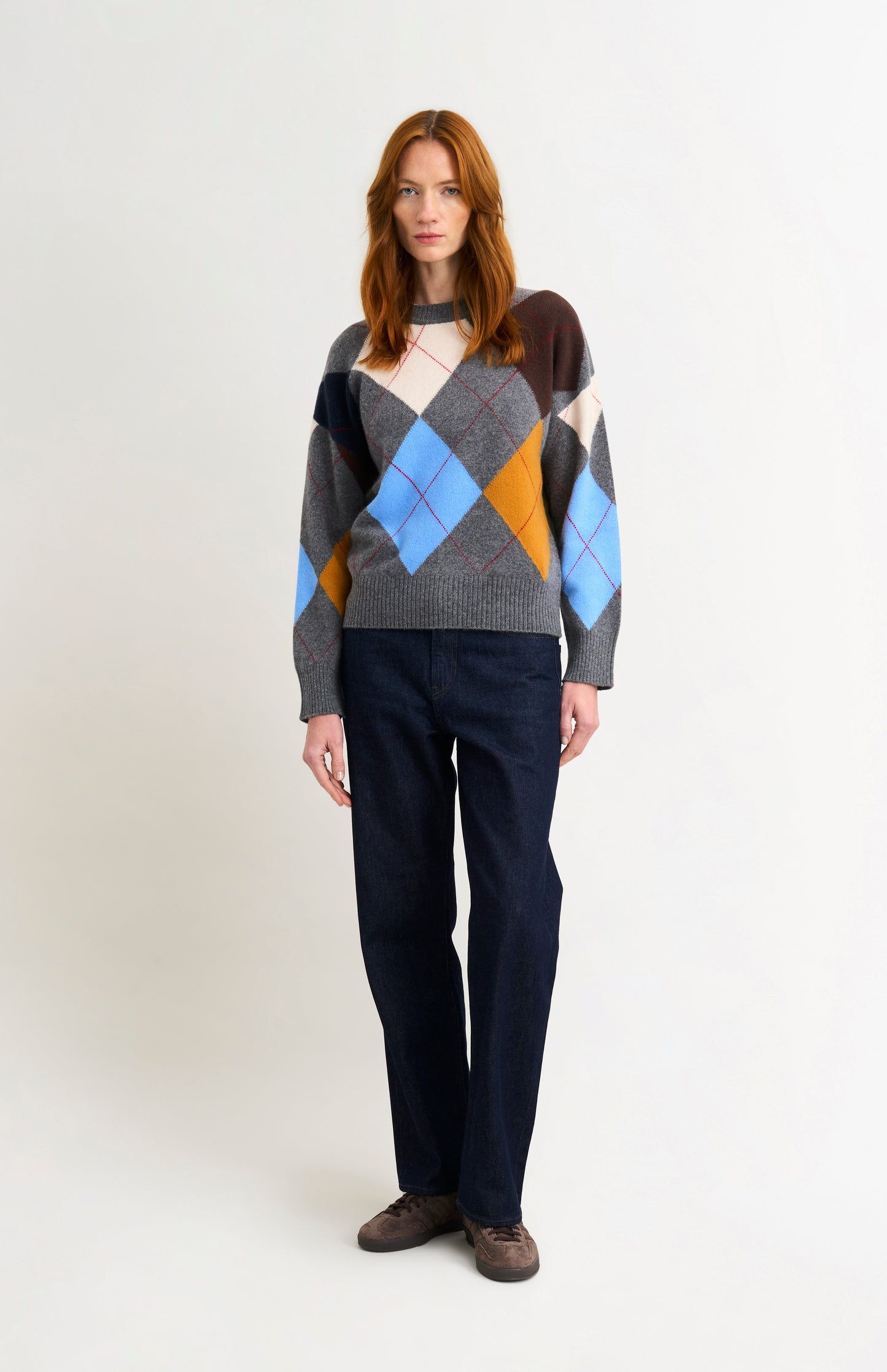 Pringle Women's Crew Neck Lambswool Argyle Jumper in Charcoal / Multi on model full length