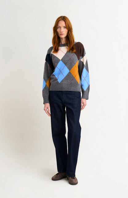 Pringle Women's Crew Neck Lambswool Argyle Jumper in Charcoal / Multi on model full length