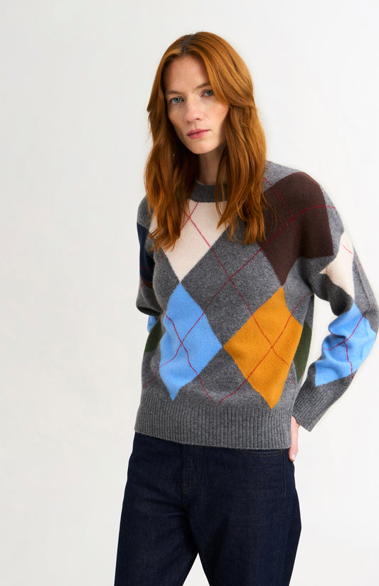 Pringle Women's Crew Neck Lambswool Argyle Jumper in Charcoal / Multi on model