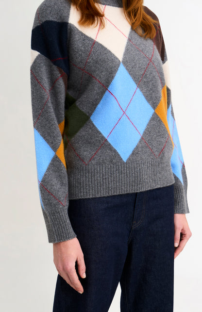 Pringle Women's Crew Neck Lambswool Argyle Jumper in Charcoal / Multi showing argyle detail