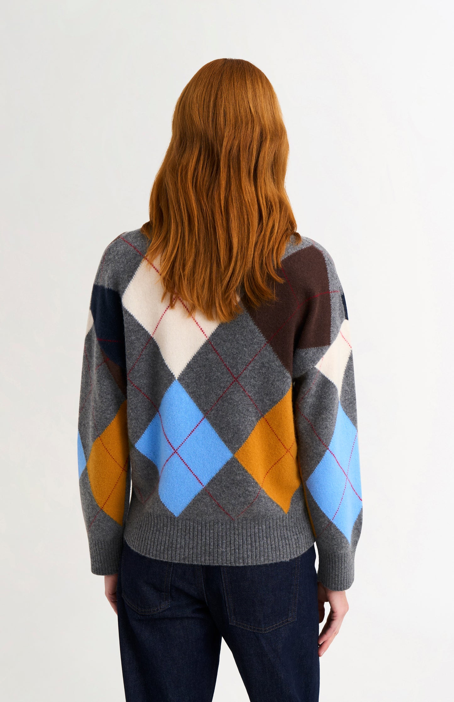 Pringle Women's Crew Neck Lambswool Argyle Jumper in Charcoal / Multi rear view