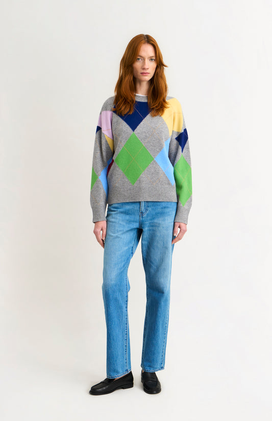 Pringle Women's Crew Neck Lambswool Argyle Jumper in Grey / Multi on model full length