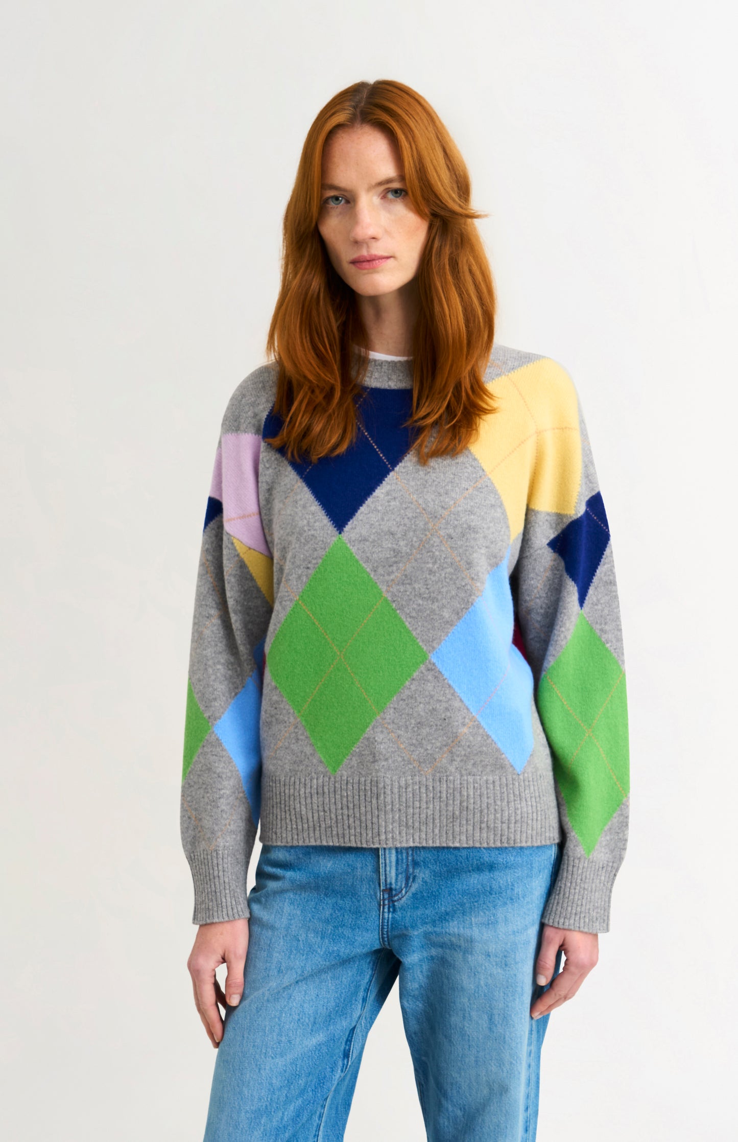 Pringle Women's Crew Neck Lambswool Argyle Jumper in Grey / Multi on model