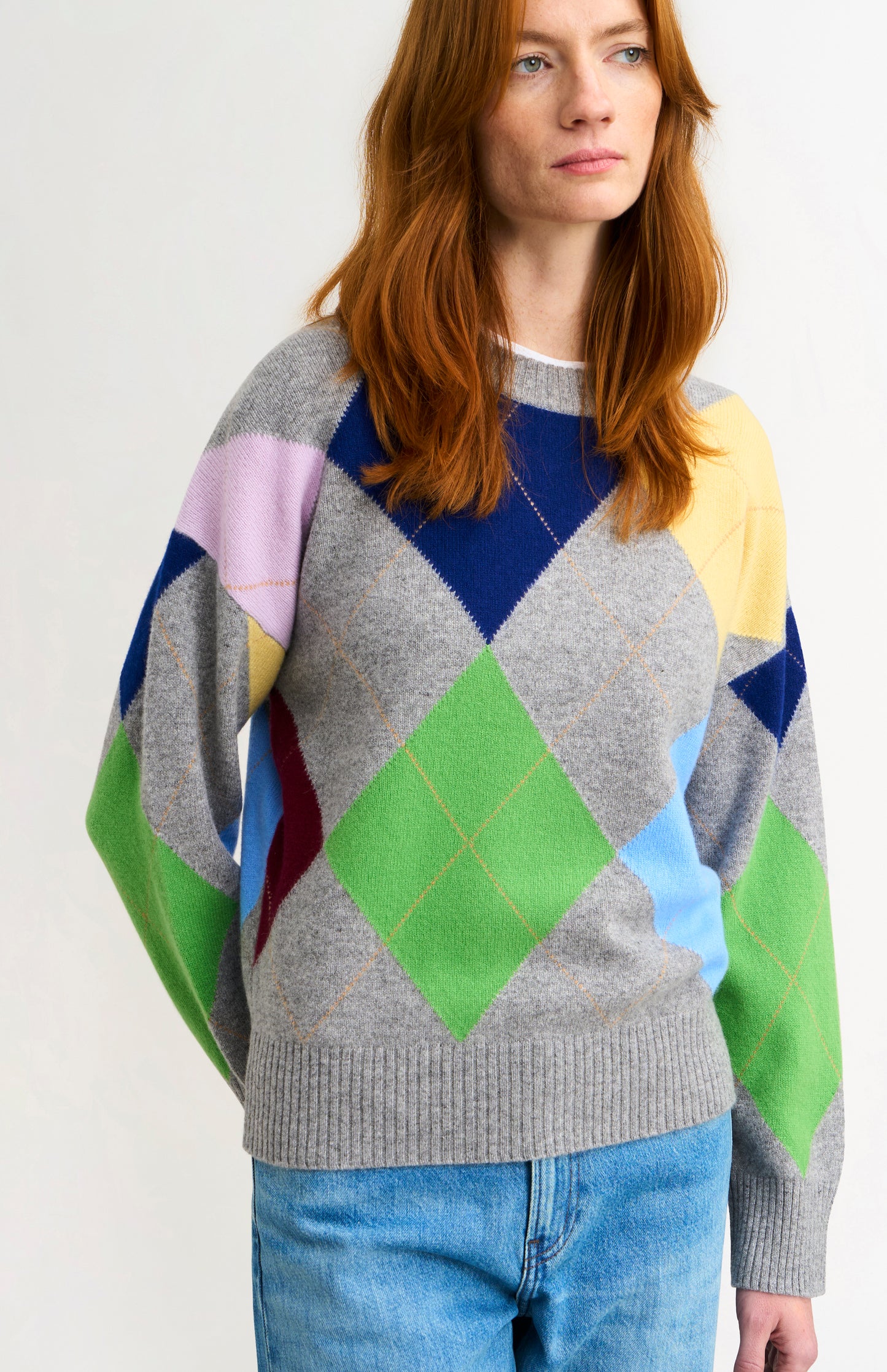 Pringle Women's Crew Neck Lambswool Argyle Jumper in Grey / Multi on girl