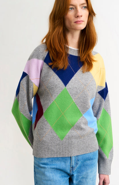 Pringle Women's Crew Neck Lambswool Argyle Jumper in Grey / Multi on girl