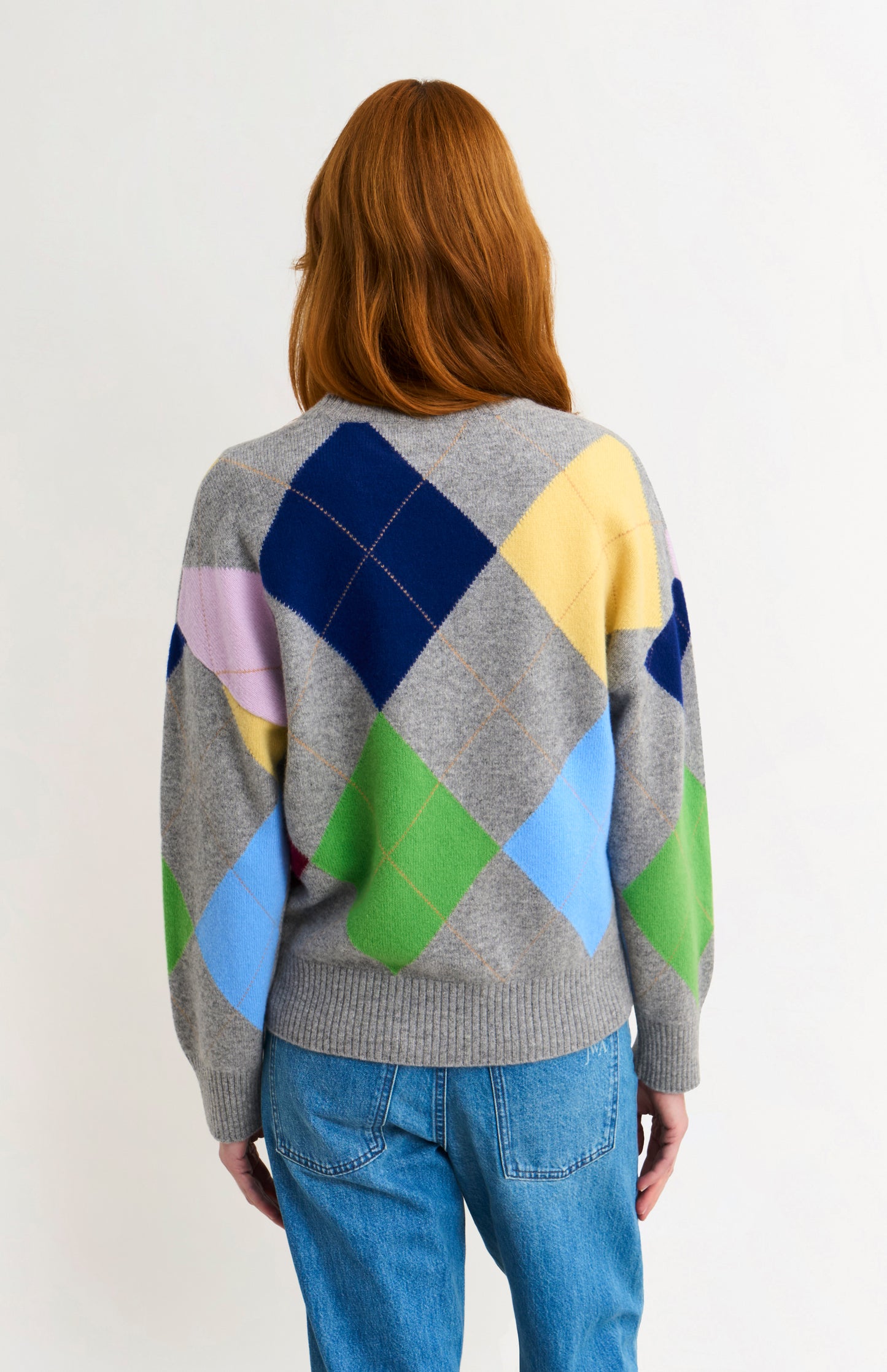 Pringle Women's Crew Neck Lambswool Argyle Jumper in Grey / Multi rear view