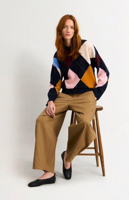 Pringle Women's Crew Neck Lambswool Argyle Jumper in Navy / Multi on sitting model
