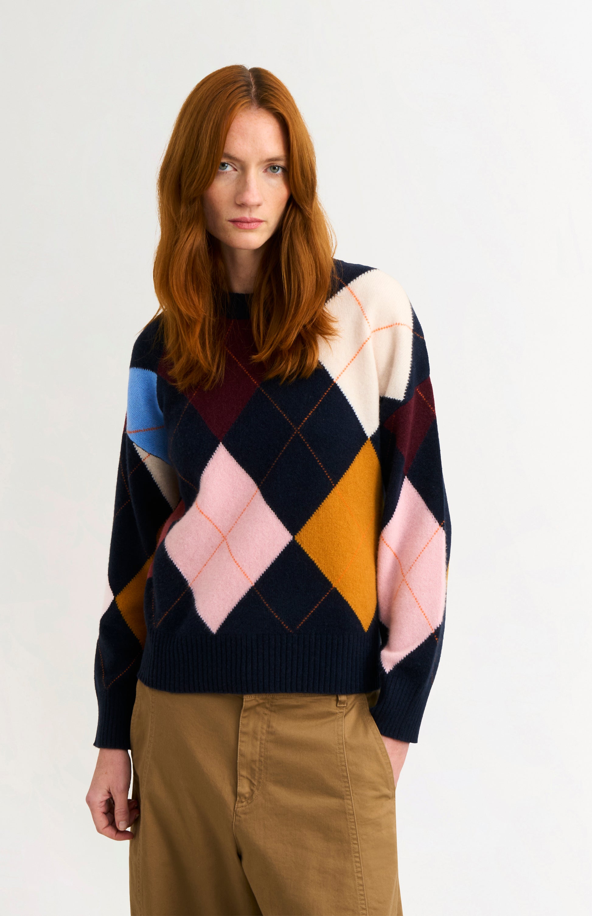 Pringle Women's Crew Neck Lambswool Argyle Jumper in Navy / Multi on model