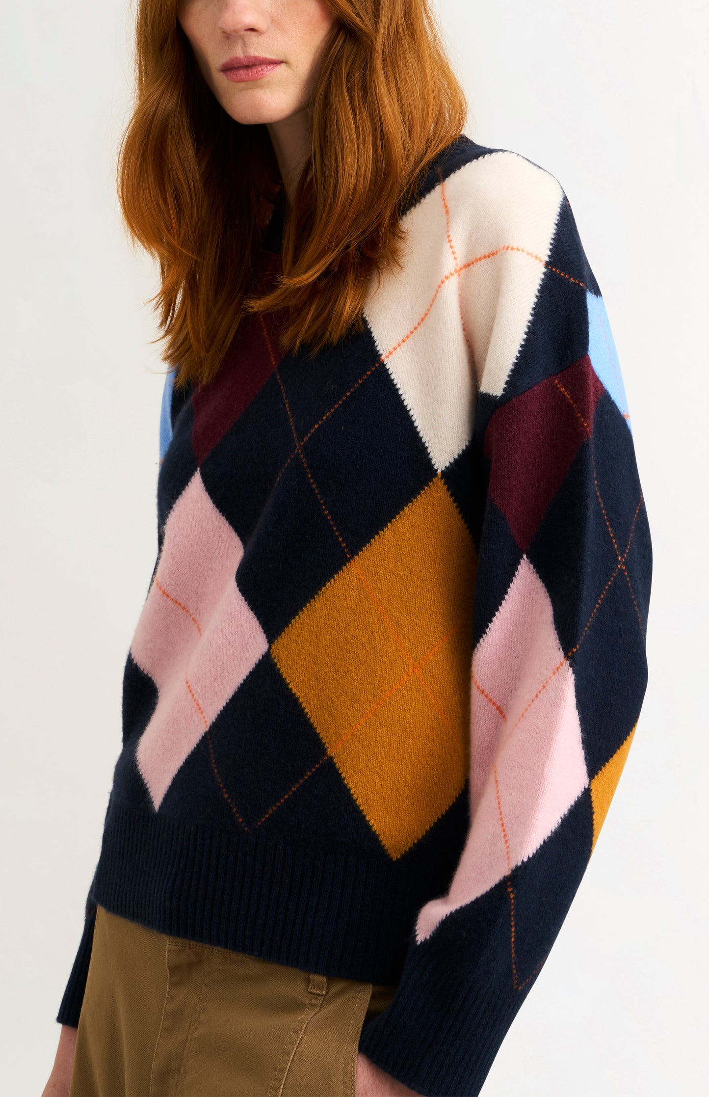 Pringle Women's Crew Neck Lambswool Argyle Jumper in Navy / Multi showing argyle detail