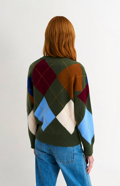 Women's Crew Neck Supersoft Lambswool Argyle Jumper In Olive Green / Multi