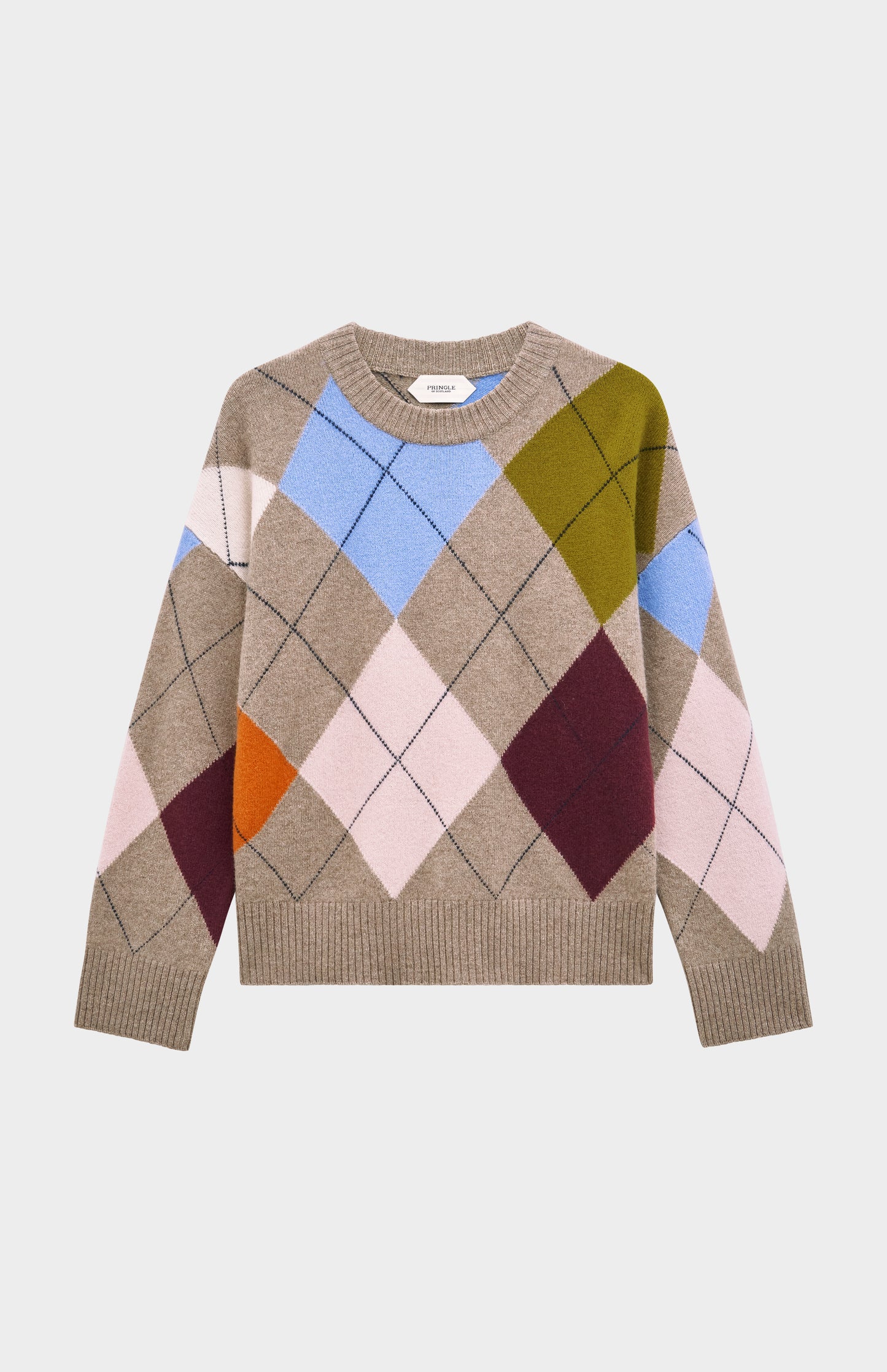 Pringle Women's Crew Neck Lambswool Argyle Jumper in Mushroom / Multi