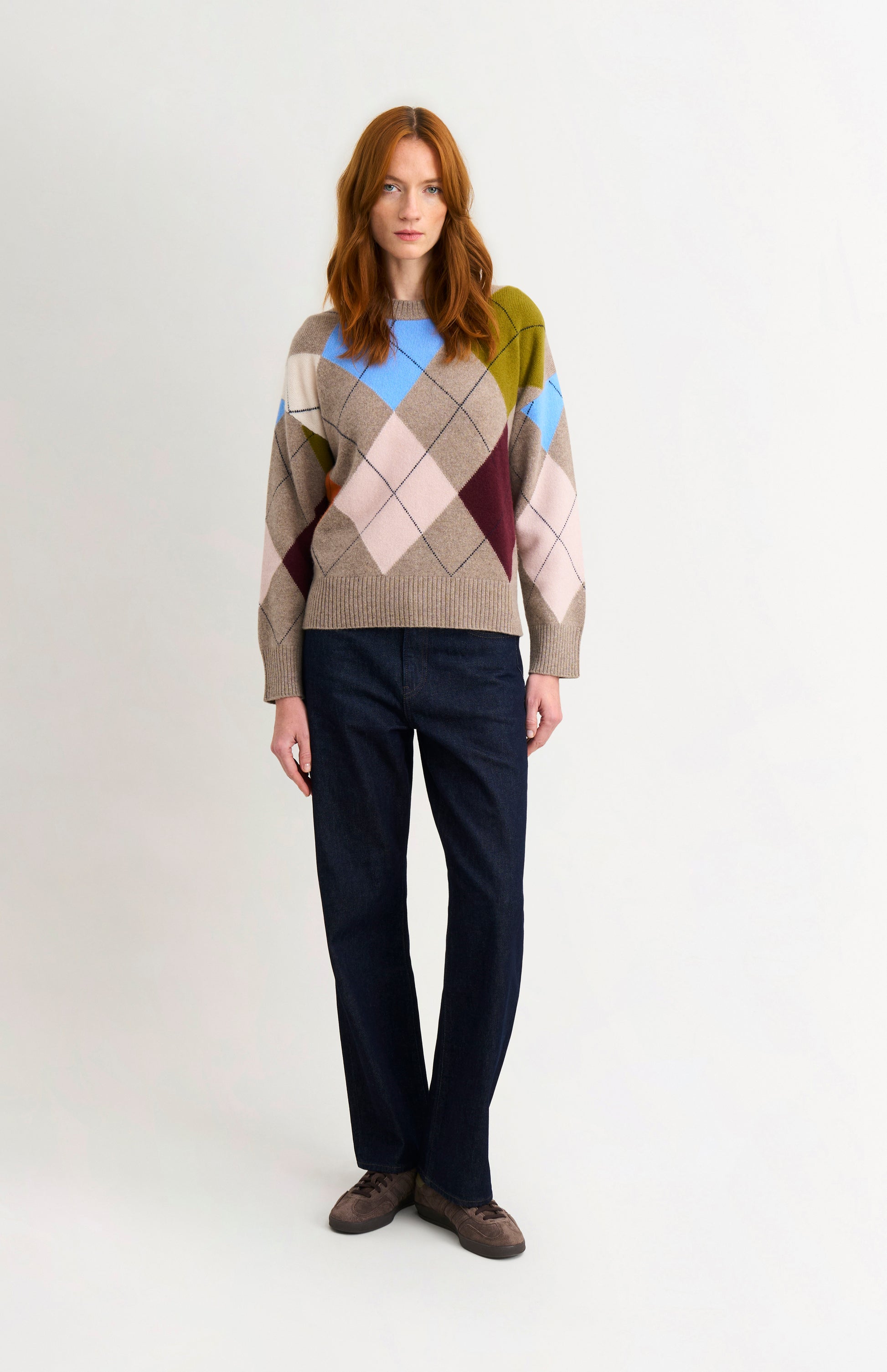 Pringle Women's Crew Neck Lambswool Argyle Jumper in Mushroom / Multi on model full length