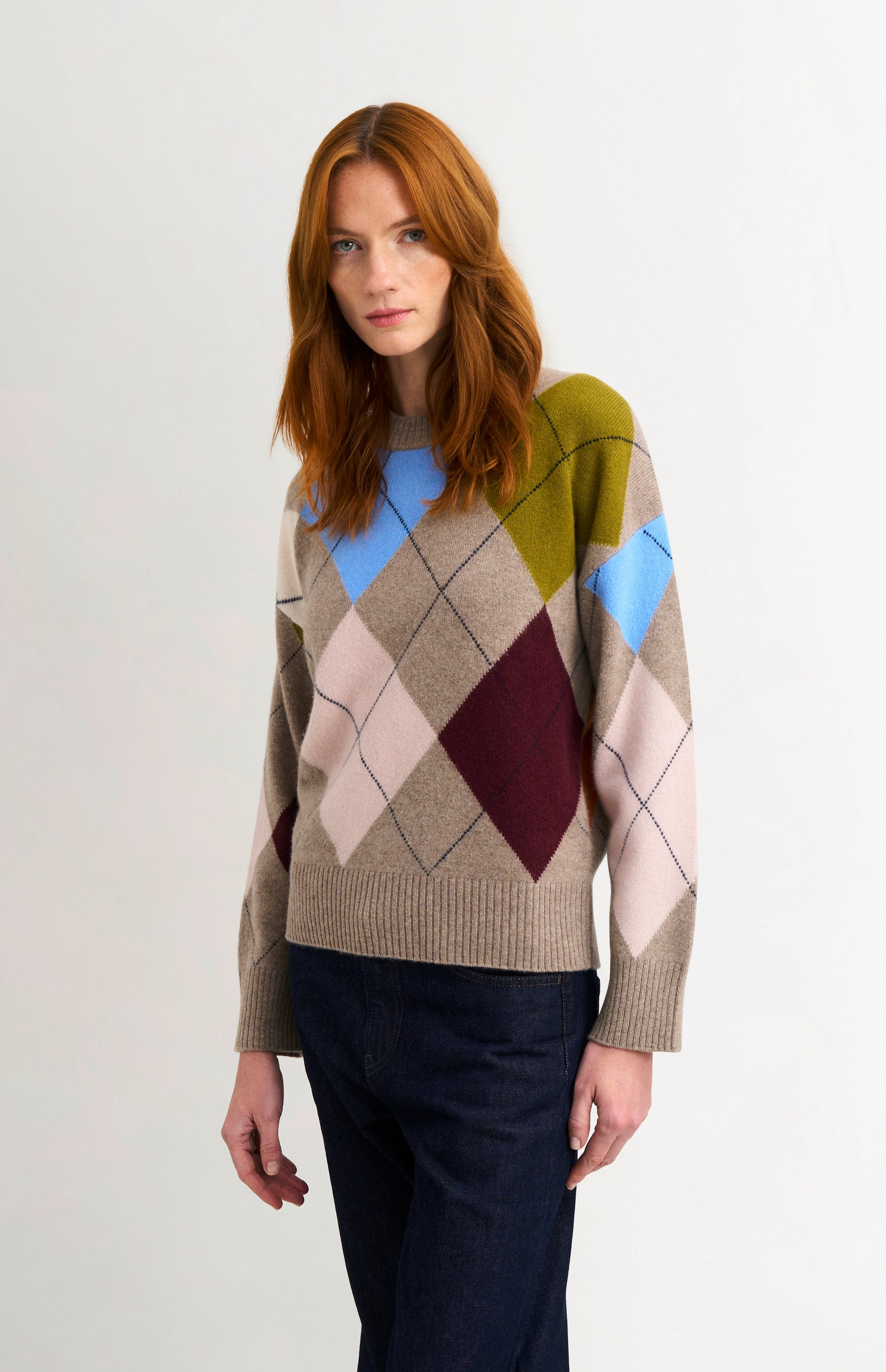 Pringle Women's Crew Neck Lambswool Argyle Jumper in Mushroom / Multi on model