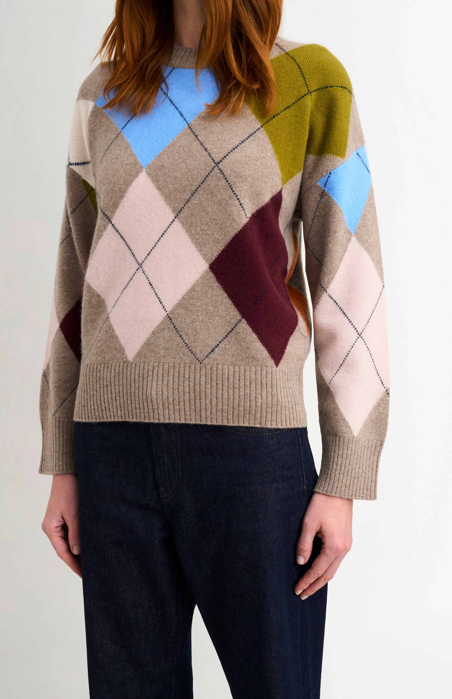 Pringle Women's Crew Neck Lambswool Argyle Jumper in Mushroom / Multi showing argyle detail