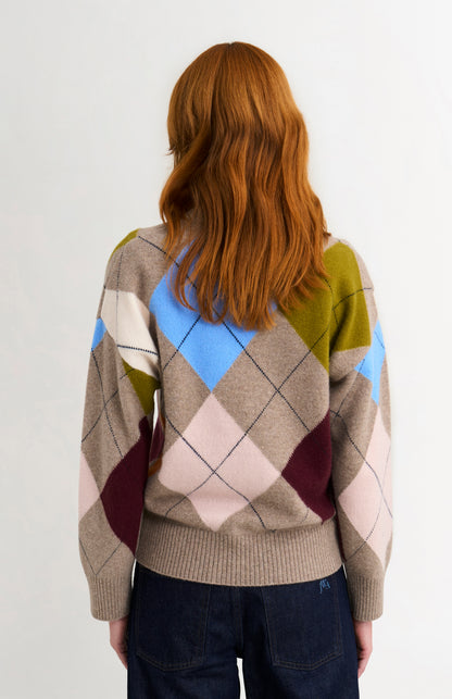 Pringle Women's Crew Neck Lambswool Argyle Jumper in Mushroom / Multi rear view