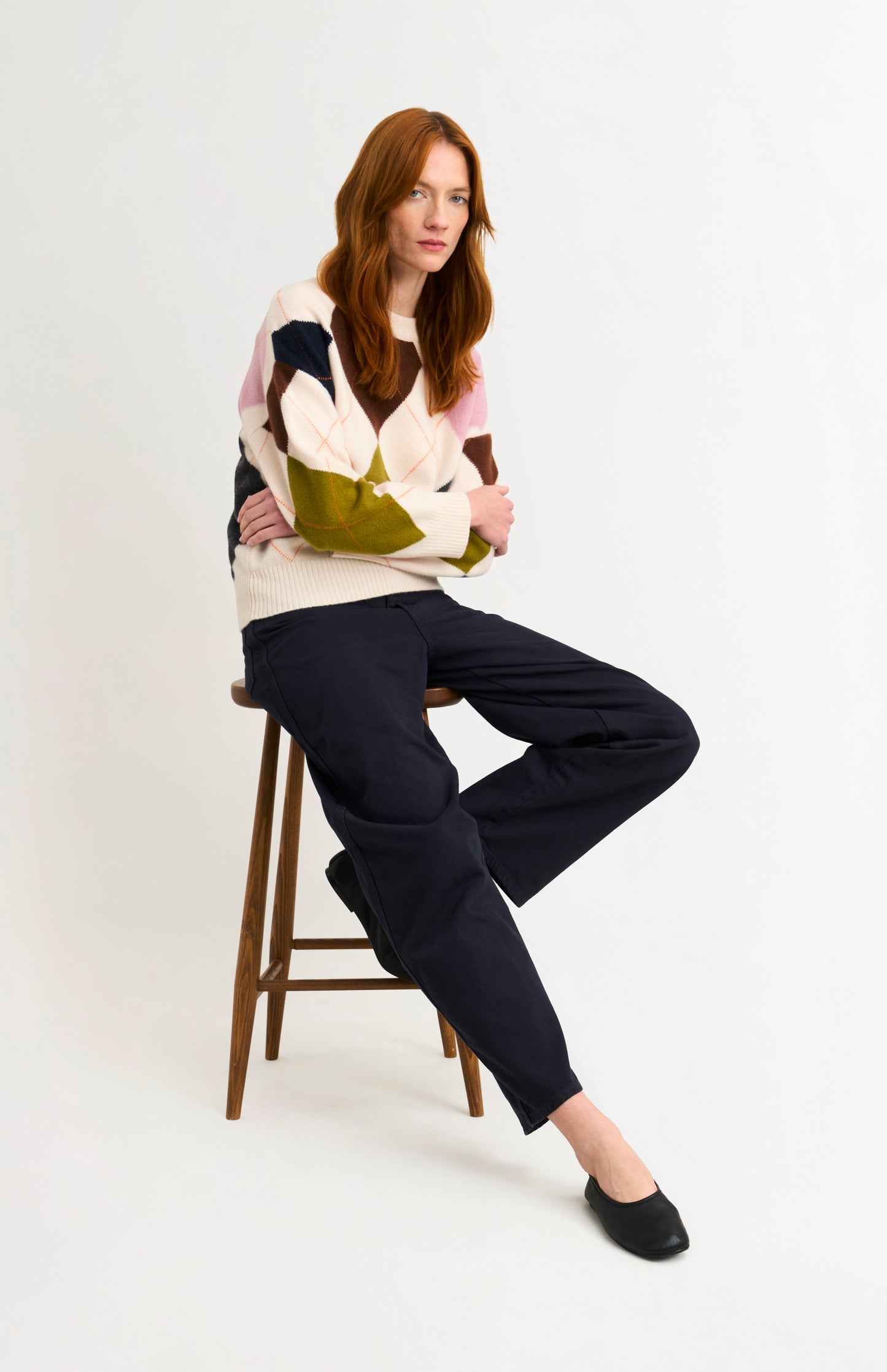 Pringle Women's Crew Neck Lambswool Argyle Jumper in Ecru / Multi on model full length